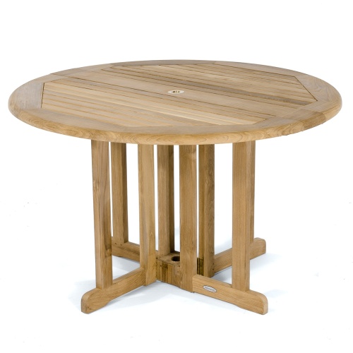 70001 Barbuda teak round 48 inch diameter dining table angled view top and side on white background