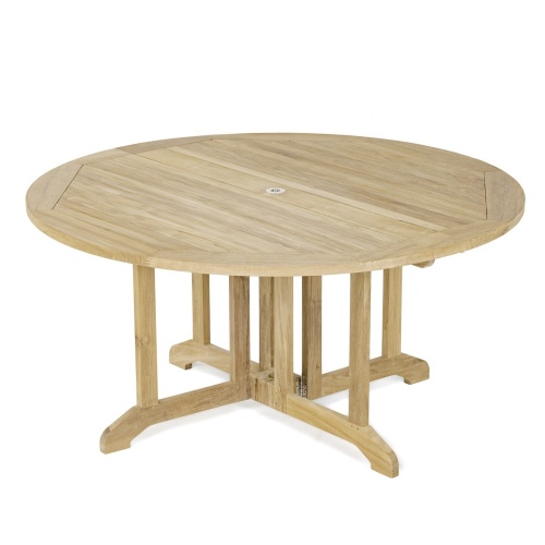 70362 Barbuda Director Teak Dining Set  Round 60 inch Folding Drop Leaf Table angled top view on white background