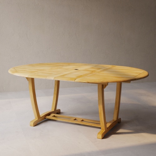 15548 Martinique Teak Dining Table showing butterfly leaves extended in angled side view on white background