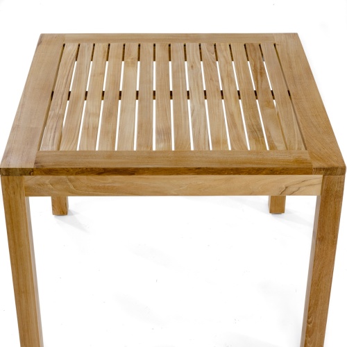 15005 Barbuda Bistro Teak 36 inch square Dining Table showing closeup of angled table top view on white background