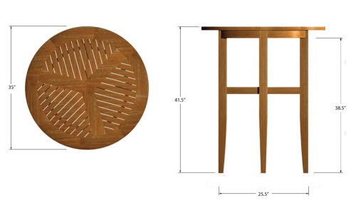 15817 Laguna 36 inch Round Teak Bar Table showing autocad of side profile and table top on white background