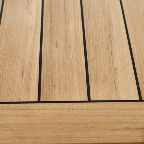 70687 Vogue 30 inch square teak and stainless steel high bar table closeup view of table top showing sikaflex marine sealant between table slats on white background