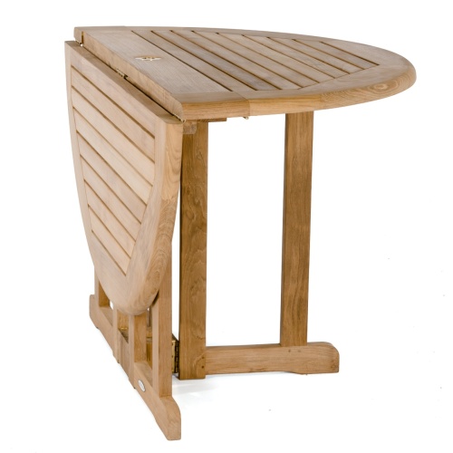 70736 Barbuda Laguna 48 inch round folding teak dining table showing one side folded side view on white background