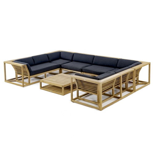 70754 maya seven piece lounge teak set of a Left and Right Sectional and 2 Slipper Chairs and 2 Corner pcs and Ottoman Coffee Table with black colored cushions angled view on white background     