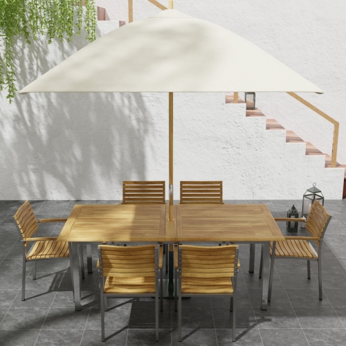 70756 Vogue 7 pc Dining Set with All Armchairs with optional rectangular umbrella aerial side view on tiled patio with stairs in background