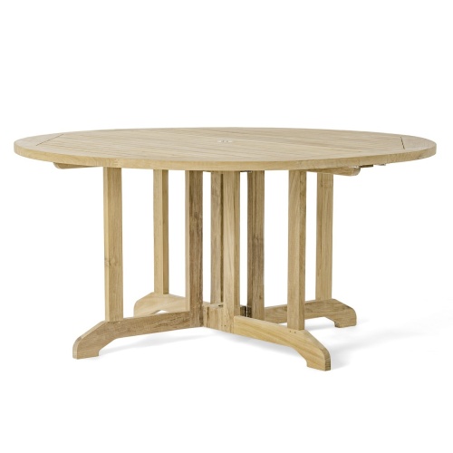 70847 Barbuda Horizon 5 foot round teak folding drop leaf dining table side view on white background