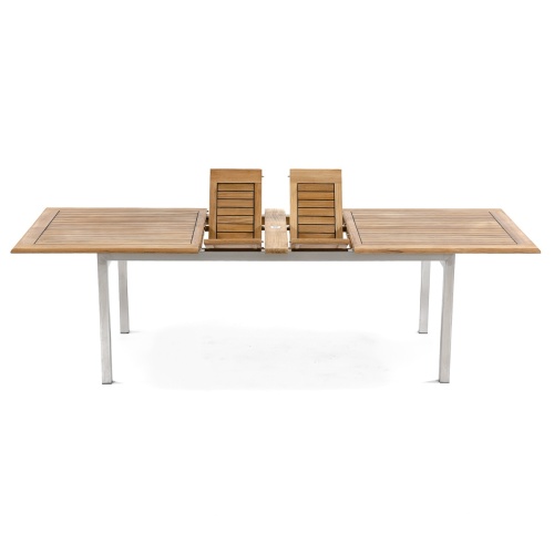 70937 Vogue stainless steel and teak rectangular dining table pulled open showing leaf extensions on white background