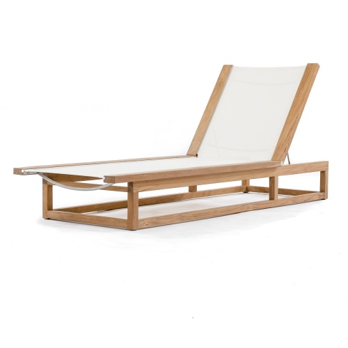 70939 Maya Teak Sling Lounger upright position in white mesh fabric angled side view on white background