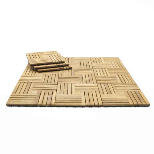 18412P Parquet Teak Tiles showing 9 tiles assembled with 3 tiles stacked in upper left corner side angled view on white background