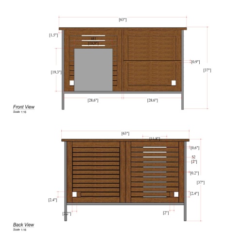  28225 Vogue Sideboard autocad of front and back view showing space for a beverage refrigerator on white background