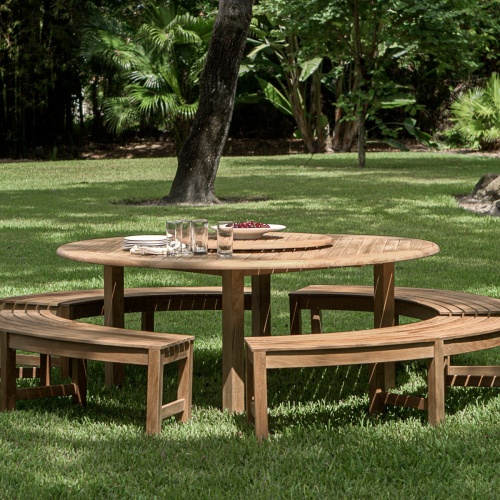  70090 Buckingham Picnic Dining Set with grapes in bowl stack of plates 4 glasses and napkins on table side view on grass field with trees in background