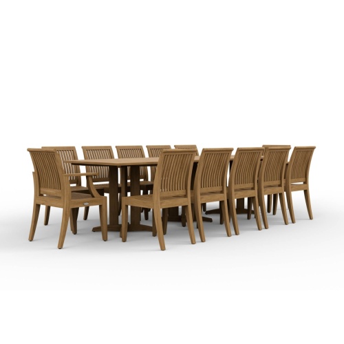 70290 pyramid teak rectangular dining set for twelve angled left side view of Pyramid Teak Rectangular Table and 12 Laguna Dining Chairs on white background