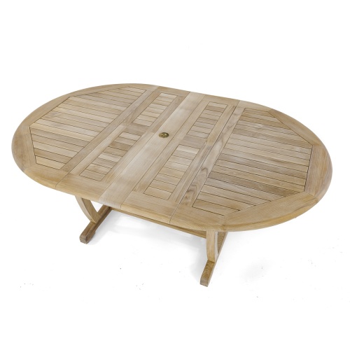 15548 Martinique teak extension oval Dining Table in extended position in angled aerial  view of table top on white background