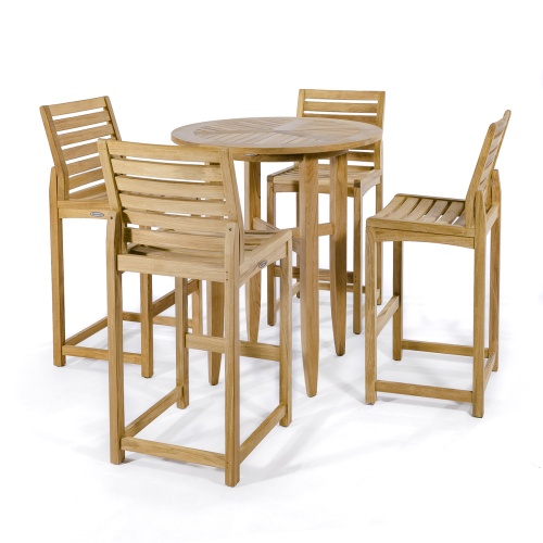 70532 Teak 5 piece Bar Table Set of 4 Somerset barstools and Laguna Table on white background