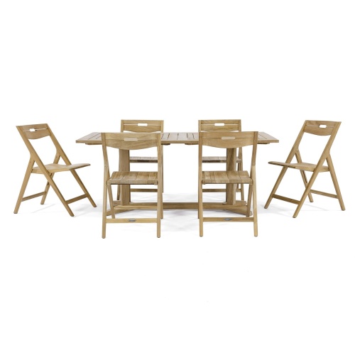 70538 Pyramid Surf teak  Dining Set of 6 folding side chairs and a 72 inch rectangular dining table side view on white background