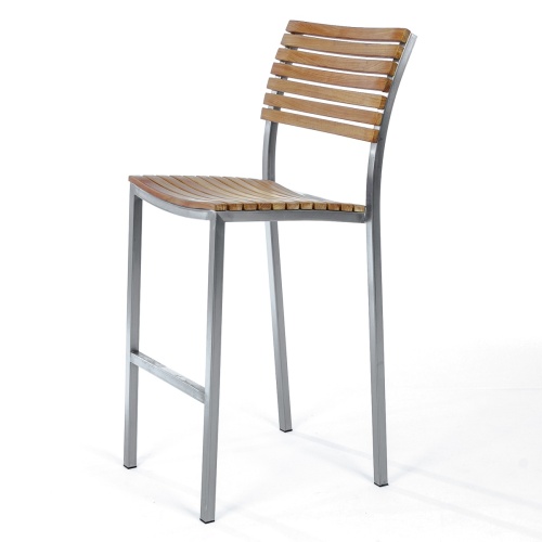 21510 Vogue Teak and Stainless Steel Bar Stool in side angle view on white background