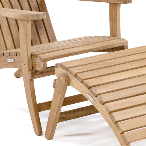 70781 Teak Adirondack Lounge Chair with optional teak ottoman footrest showing closeup in partial angled view on white background