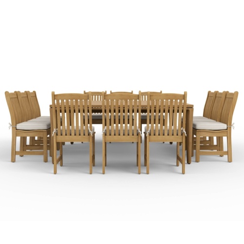 70879 Veranda 13 piece teak Square Dining Set of 12 teak side chair with optional seat cushions and 6 foot square teak dining table side view on white background