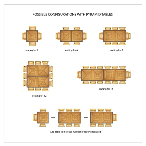 15823 Pyramid 48 inch square teak dining table showing various table configurations on white background