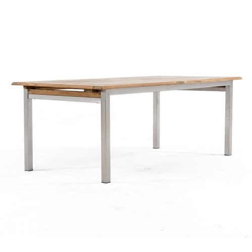 70937 Vogue stainless steel and teak rectangular dining table showing leaf extensions on white background