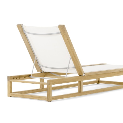 70939 Maya Teak Sling Lounger upright position in white mesh fabric angled rear view on white background