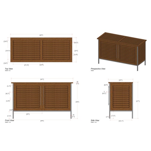 28225 Vogue Sideboard showing autocad of front and side and top and perspective views on white background