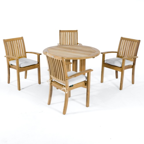 70033 Sussex Barbuda 5 piece teak Dining Set with  of 4 teak dining armchairs with optional canvas colored seat cushions and 48 inch round dining table angled on white background