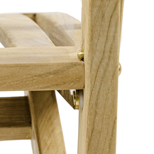 12602S Barbuda teak Folding Arm Chair showing closeup of rear lock latching mechanism on white background