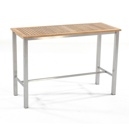 70167 Vogue stainless steel and teak 5 foot long bar table angled view on white background