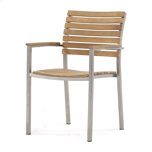 22007 Vogue Teak and Stainless Steel Dining Armchair in front angled view on white background