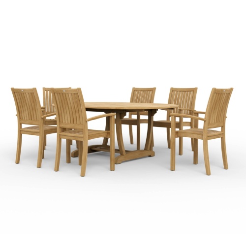 70214 Martinique Sussex Teak 7 pc Dining Set of Martinique Teak Oval Table and 6 Sussex Teak stacking Arm Chairs right end view on white background 