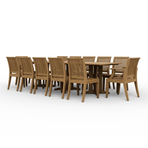 70290 pyramid teak rectangular dining set for twelve angled right side view of Pyramid Teak Rectangular Table and 12 Laguna Dining Chairs on white background