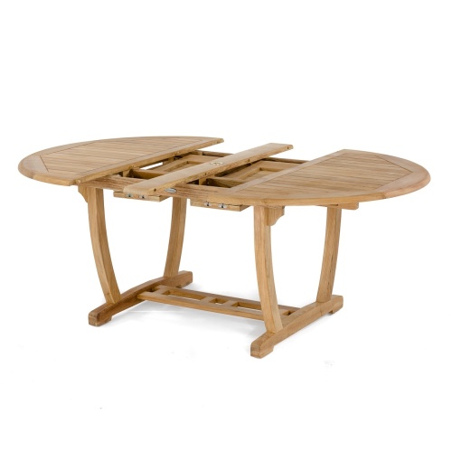 15548 Martinique Teak Dining Table angled side view showing double butterfly leaves in v shape on white background