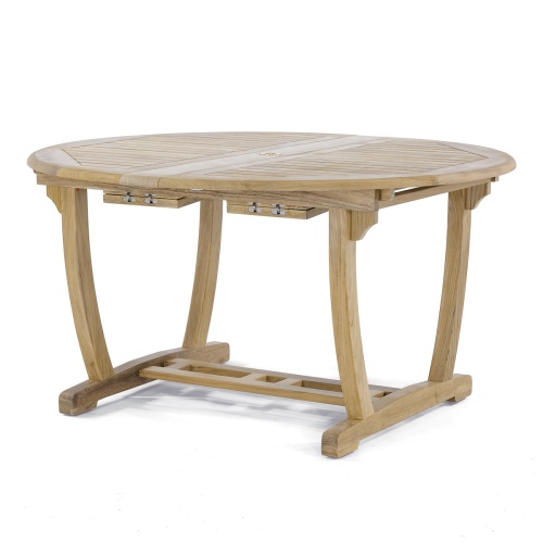 15548 Martinique teak extension oval Dining Table in collapsed position in side angled view on white background