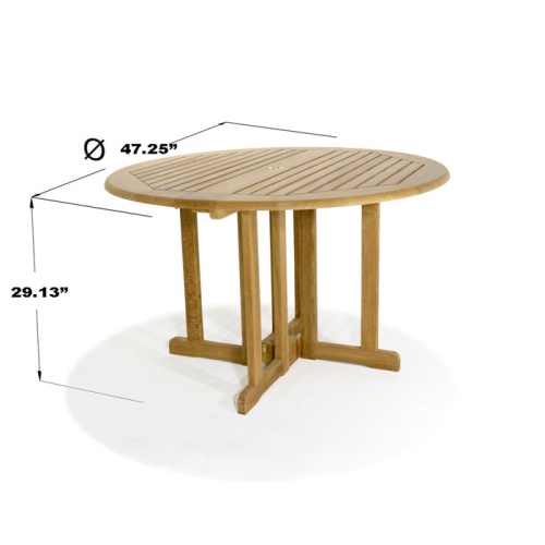 15623 Barbuda Teak Folding round 48 inch Dining Table showing autocad angled side view on white background