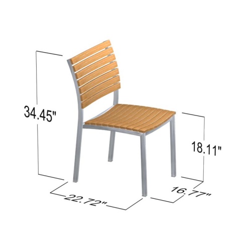 21007 Vogue teak and stainless steel Side Chair left side view showing autocad of angled right side view on white background