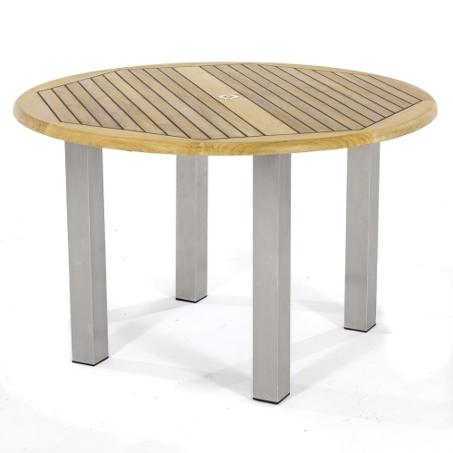 25013 Vogue teak and stainless steel 4 ft Round Dining Table angled on white background