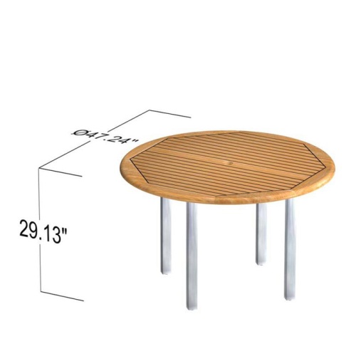 70438 Vogue teak and stainless steel 4 foot round dining table closeup view of table top showing sikaflex Marine sealant between teak slats