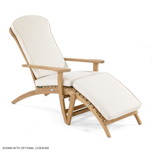 70781 Teak Adirondack Lounge Chair with optional teak ottoman footrest and optional cushion in angled side view on white background