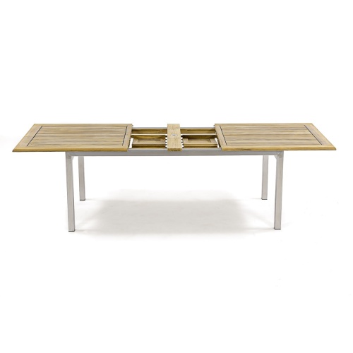 70827 Vogue Grand Extending Rectangular Table angled end view showing table extended with both butterfly leaves collapsed on white background