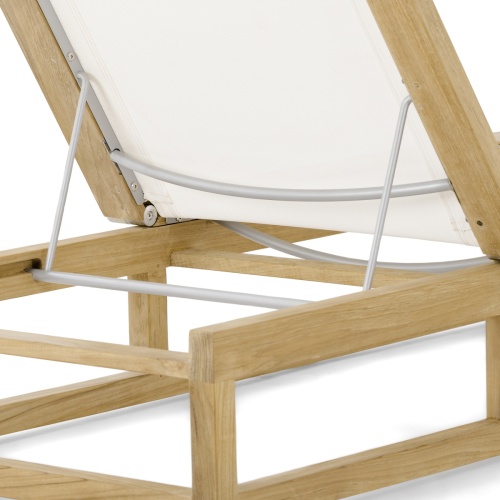 70939 Maya Teak Sling Lounger in white textilene mesh fabric back view showing closeup of adjustable back rest on white background