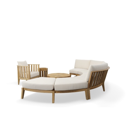 70934 Kafelonia 4 piece Curved Sofa Sectional Set of 2 curved sofa sectionals and a curved backless sofa sectional and 36 inch teak coffee table and lounge chair angled front view on white background