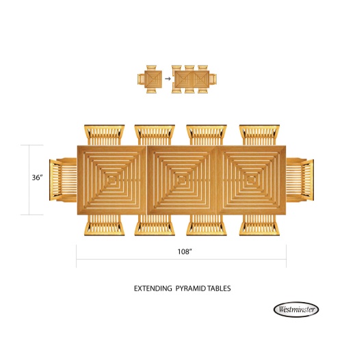 15815 Pyramid 36 inch square table showing various seating arrangements in rectangular pattern on white background