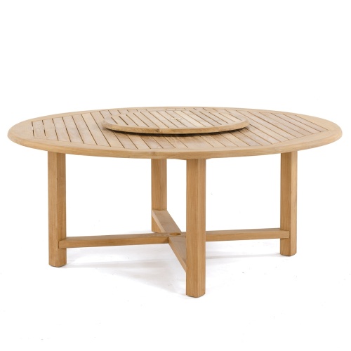 70090 Buckingham teak 72 inch round table with optional teak lazy susan angled view on white background