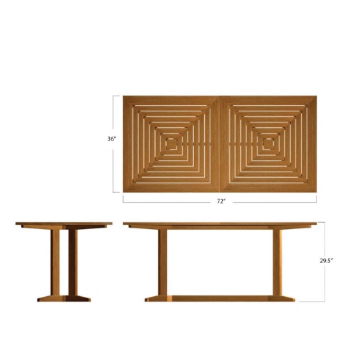 15816 Pyramid Teak  6 ft long Rectangular Table autocad of end and side and table top views on white background