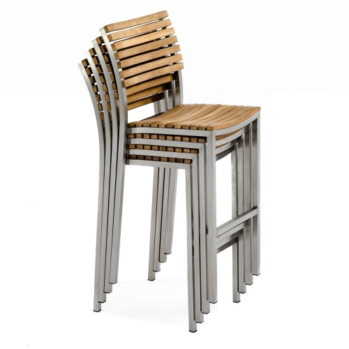 21510 Vogue Teak and Stainless Steel Bar Stool stacked 4 high side view on white background