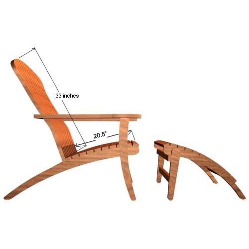 70781 Teak Adirondack Lounge Chair and ottoman footrest autocad of side view on white background