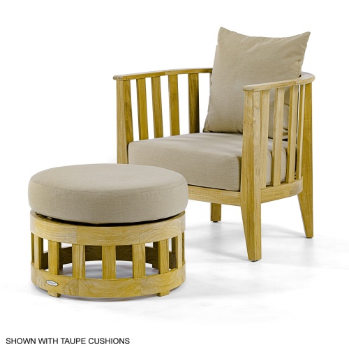 12170DP Kafelonia teak Barrel Chair and ottoman with cushions front angle view on white background