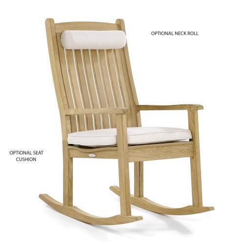 12223 veranda teak rocking chair with optional neck roll and seat cushions angled on white background