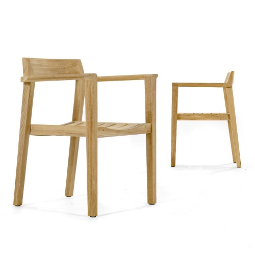 12901 Horizon Teak Dining Armchair showing 2 Arnchairs with one side angled and the other side profiled on white background